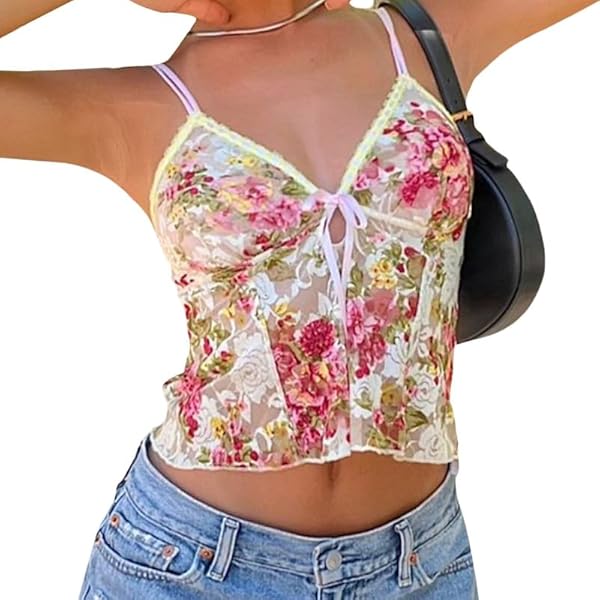 Women's Spaghetti Strap Camisole Floral Print V Neck Tie-Up